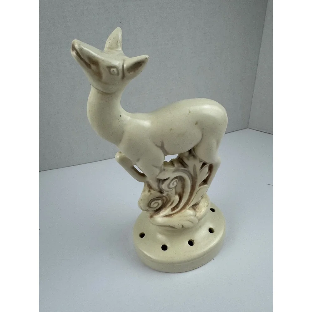 Red Wing Pottery Figural Deer Flower Frog, Art Deco Ivory Ceramic Centerpiece